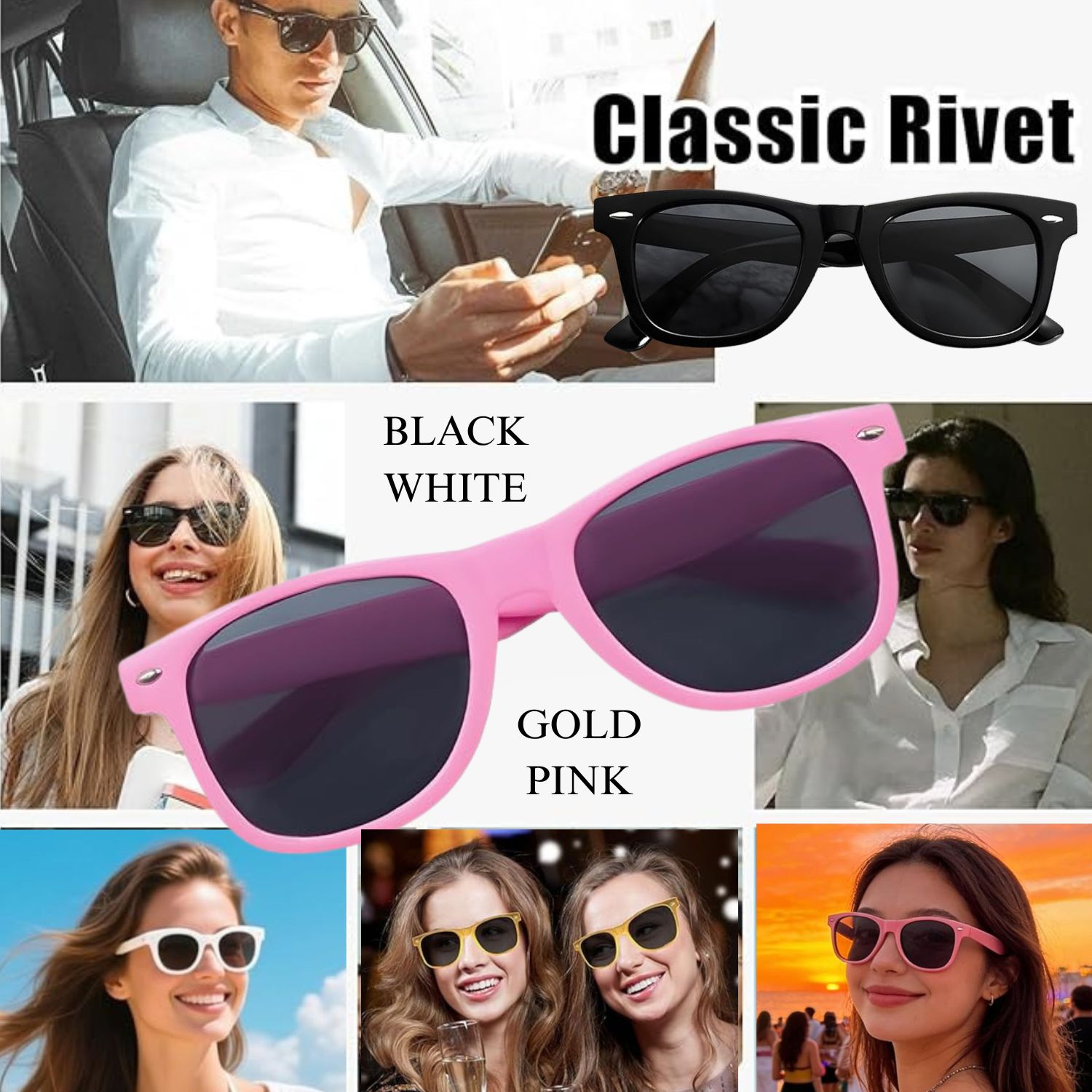 Classic rivet bulk sunglasses — Black, White, Gold and Pink colorways available